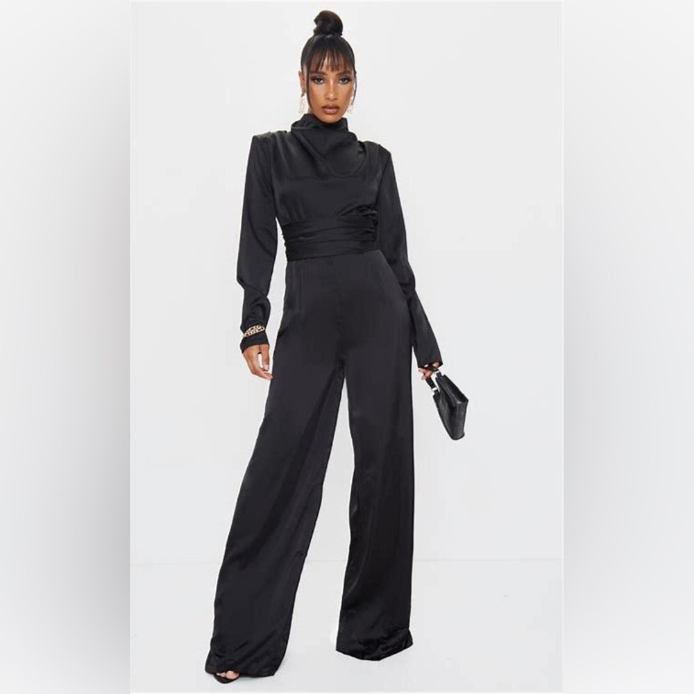 Pretty little thing Black Satin High Neck Long Sleeve Jumpsuit